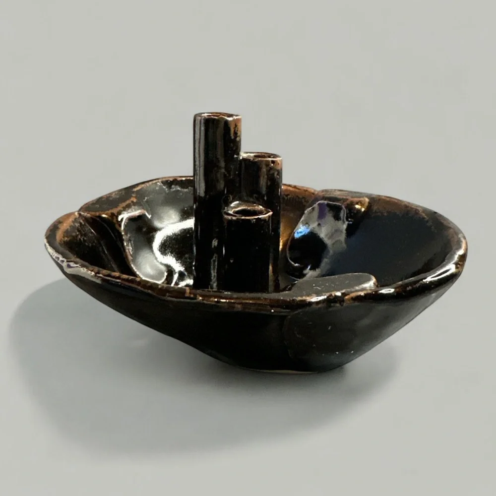 Vintage signed glazed brown ceramic flower frog